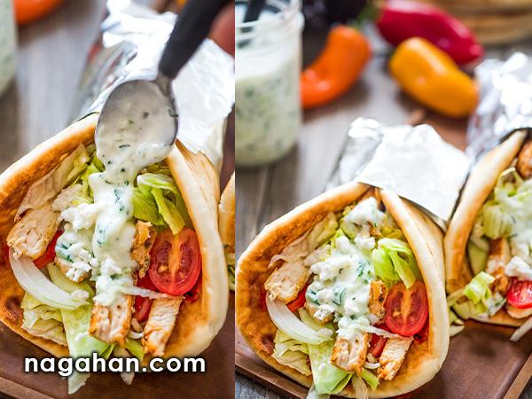 ساندویچ مرغ ژیرو یونانی با سبزیجات تازه و سس تاتزیکی در نان ترتیلا یا پیتا