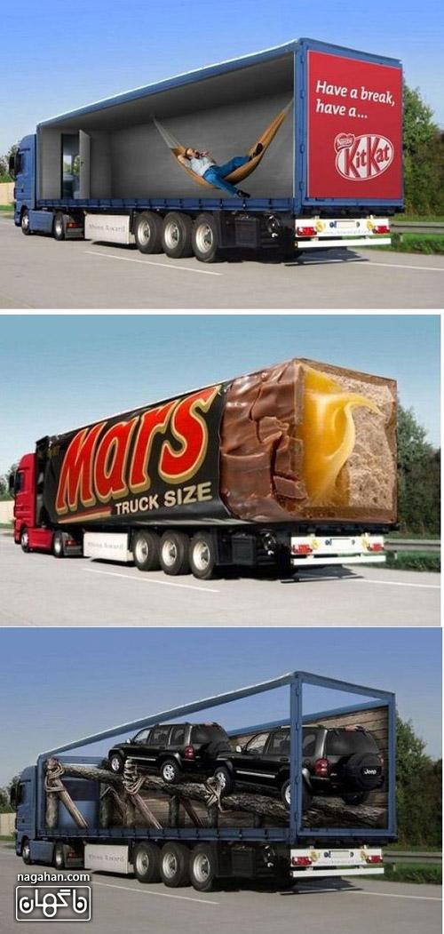 عکس از تبلیغات نوآورانه و جذاب سه بعدی روی تریلی و کامیون