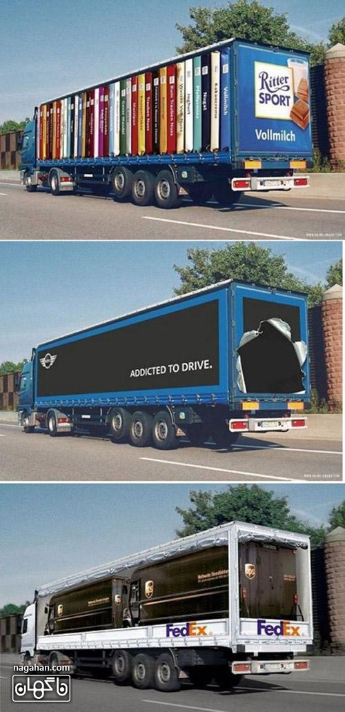 عکس از تبلیغات نوآورانه و جذب کننده سه بعدی روی تریلی و کامیون