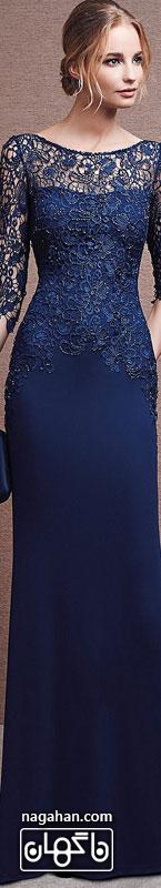 جدیدترین لباس شب زنانه | پیراهن های گیپور و سنگ دوزی شده برای مجالس نامزدی، عقد و عروسی گیپور رنگ سورمه ای