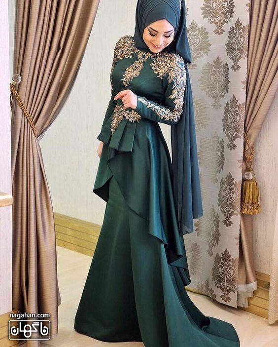 لباس عقد و نامزدی سبز یشمی با گیپور طلایی