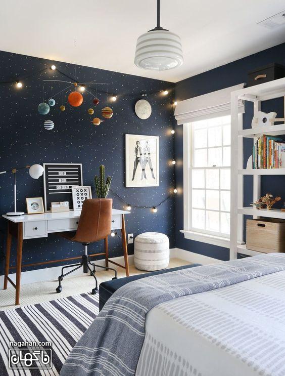 عکس اتاق کودک و نوجوان ،کاغذ دیواری نجوم و رنگ اتاق