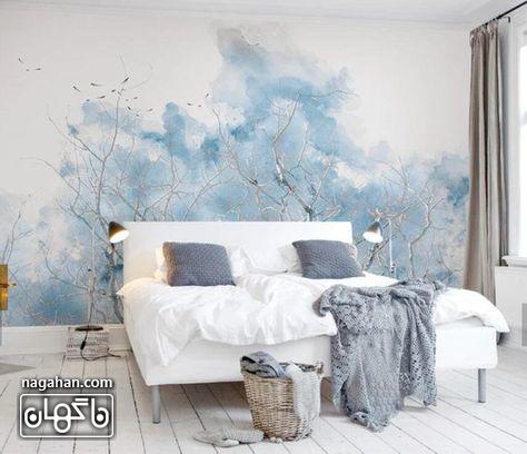 مدل کاغذ دیواری رنگ طرح آبرنگی برای اتاق خواب و شاخه های درخت
