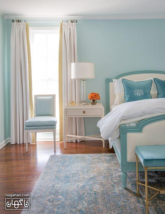 مدل پرده اتاق خواب و عکس اتاق خواب و تخت خواب طیف رنگ آبی