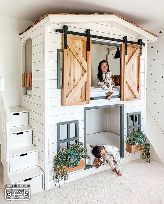 مدل تخت به شکل خانه درختی دوطبقه برای اتاق کودک