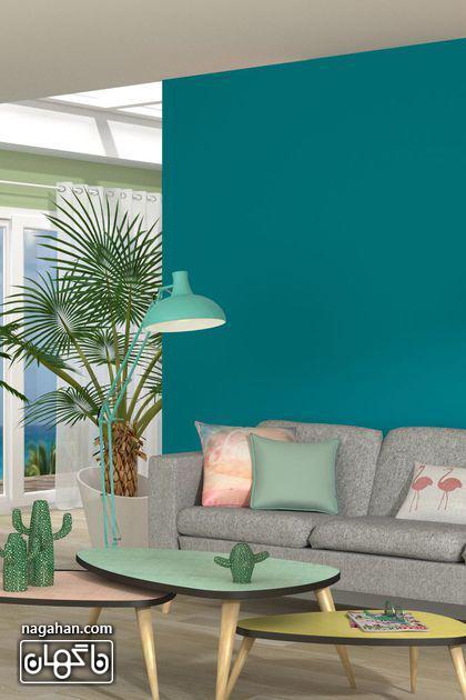 مدل کاغذ دیواری رنگ آبی و سبز روشن با چیدمان مدرن منزل و اتاق نشیمن