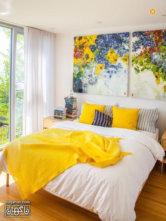 عکس اتاق خوابه دونفره رنگ شاد زرد و خردلی