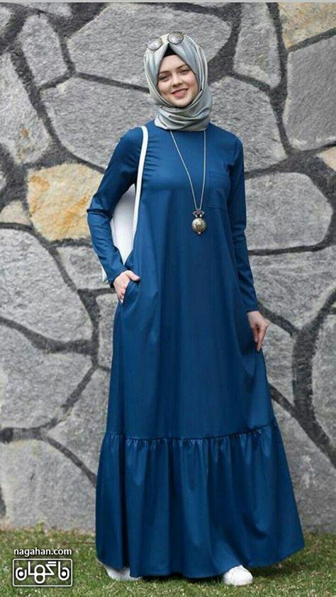 مدل مانتو بلند با حجاب آبی