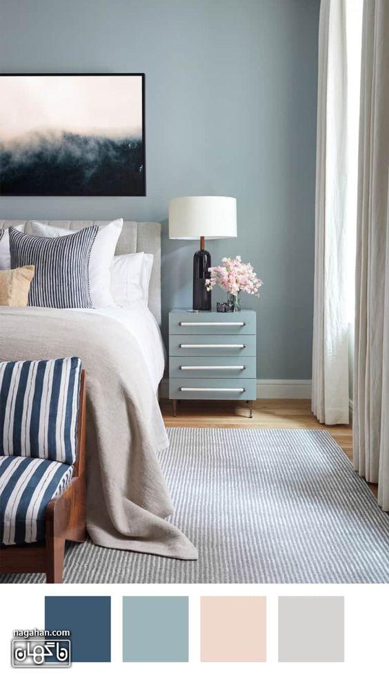 دکوراسیون اتاق خواب با ترکیب رنگ طوسی و آبی ملایم و وسایل مدرن اتاق