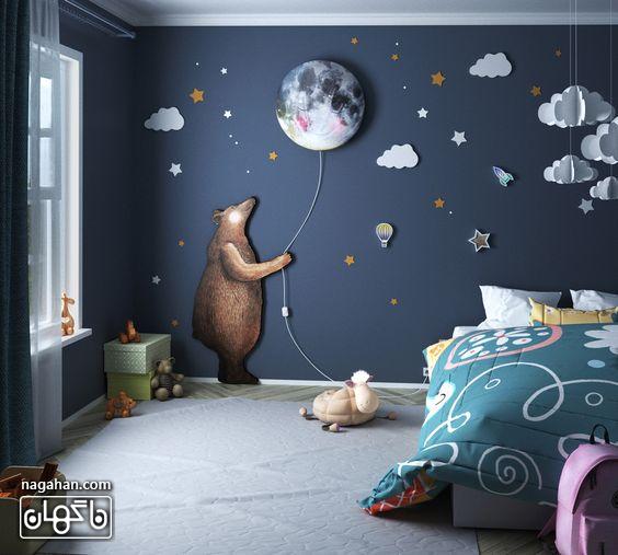 طرح اتاق کودک با کاغذ دیواری خرس و ابر و ستاره